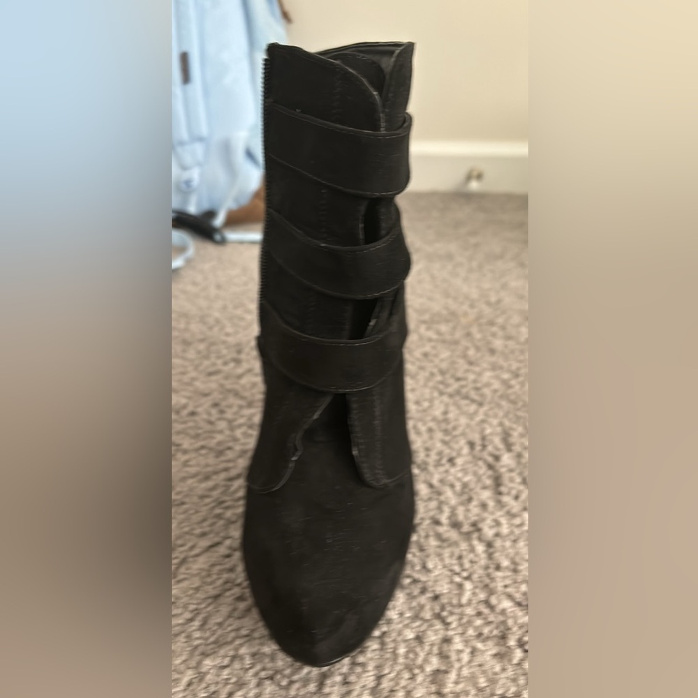 High heel black boots with, zip up, with flare